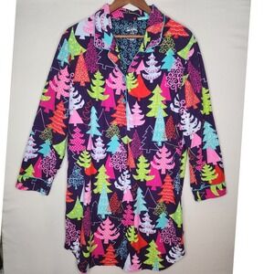 Nick & Nora Christmas Tree Gown Purple Sleep Shirt Flannel Size XL